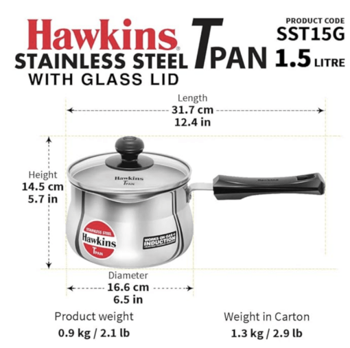 Hawkins Stainless Steel Tpan 1.5L with Glass lid - Image 3